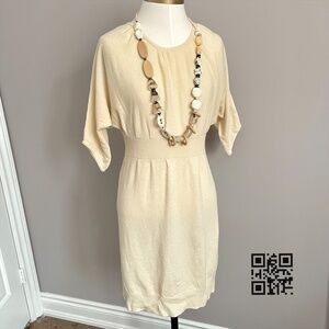 Vintage Ivory White 100% Cashmere Wool Batwing Short Sleeve Sweater Midi Dress S